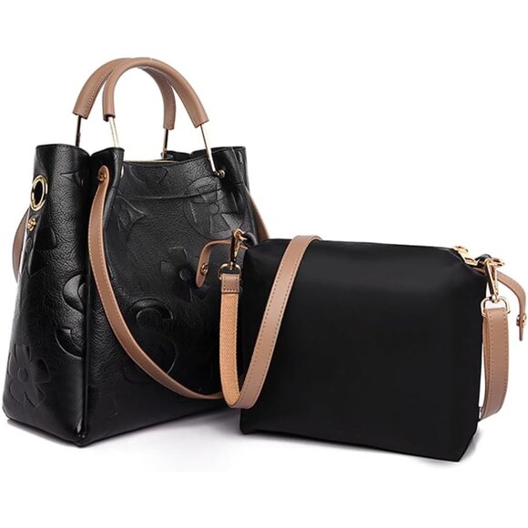 Vegan Leather Floral Embossed Bucket Bag for Women Large Tote Crossbody Hobo Sty - Picture 7 of 9